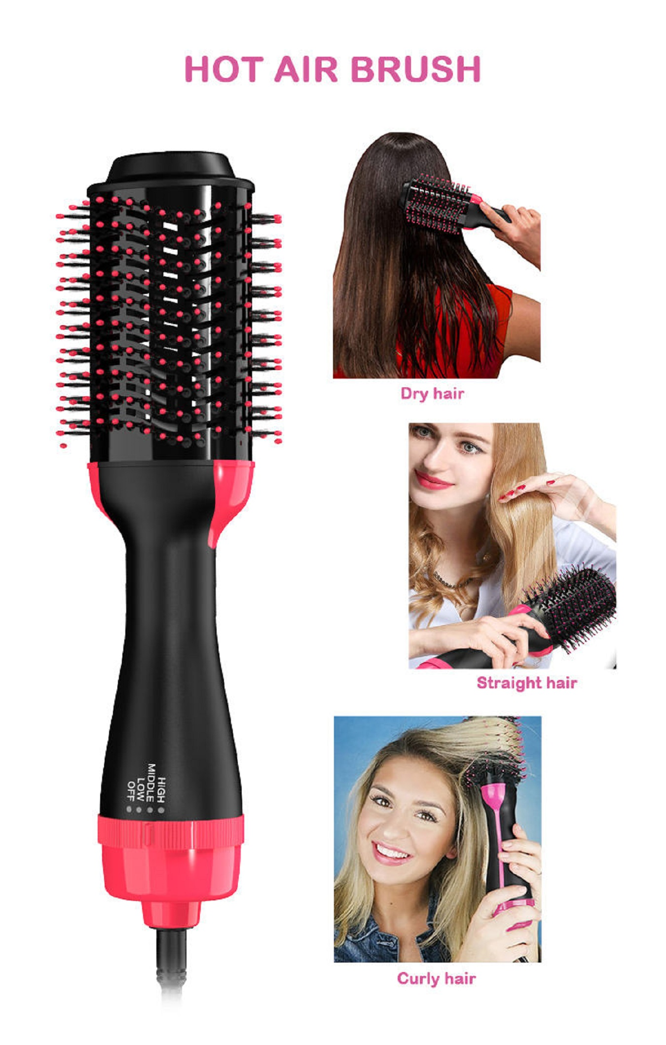 Eine Heißluftbürste mit schwarz-pinkem Design und Bildern der Anwendung bei verschiedenen Haartypen.