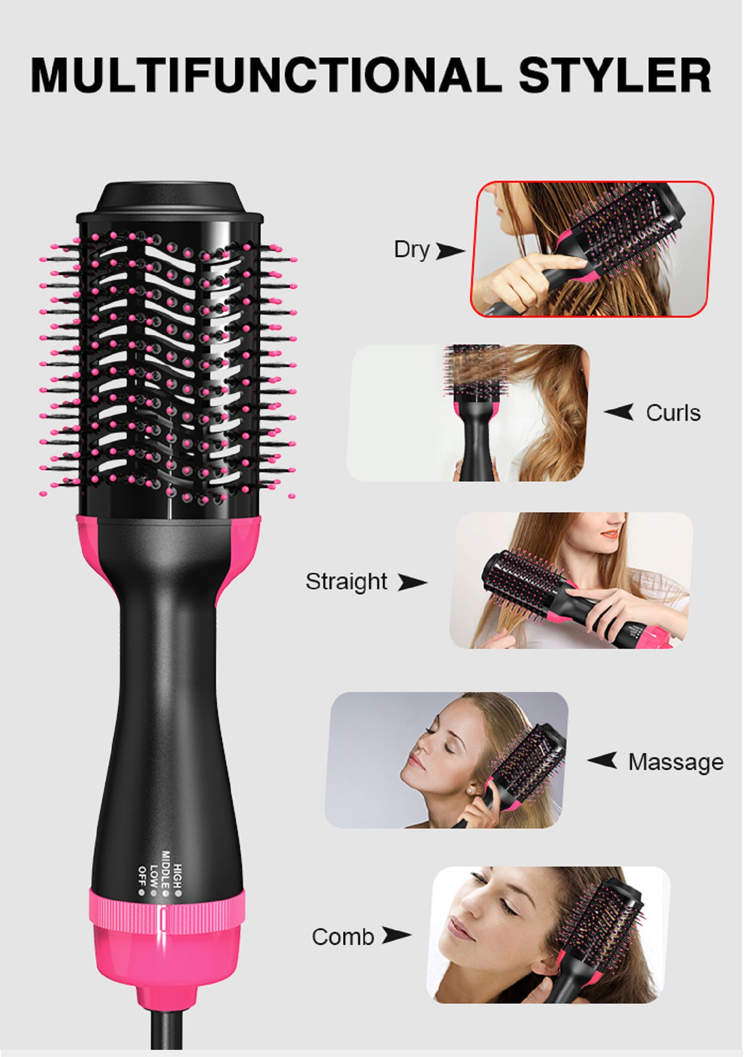 Multifunktionaler Styler mit Bürste und Haarstyling-Beispielen: trocken, Locken, glatt, Massage, Kamm.