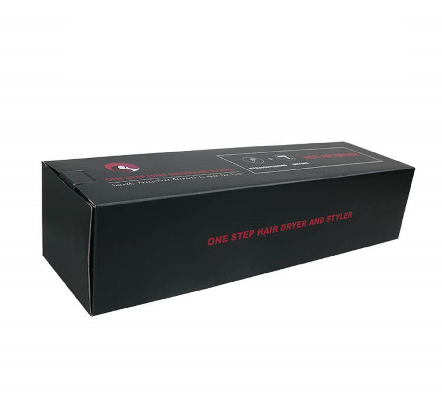 Schwarze Box mit "ONE STEP HAIR DRYER AND STYLER" darauf. Weißer Hintergrund.