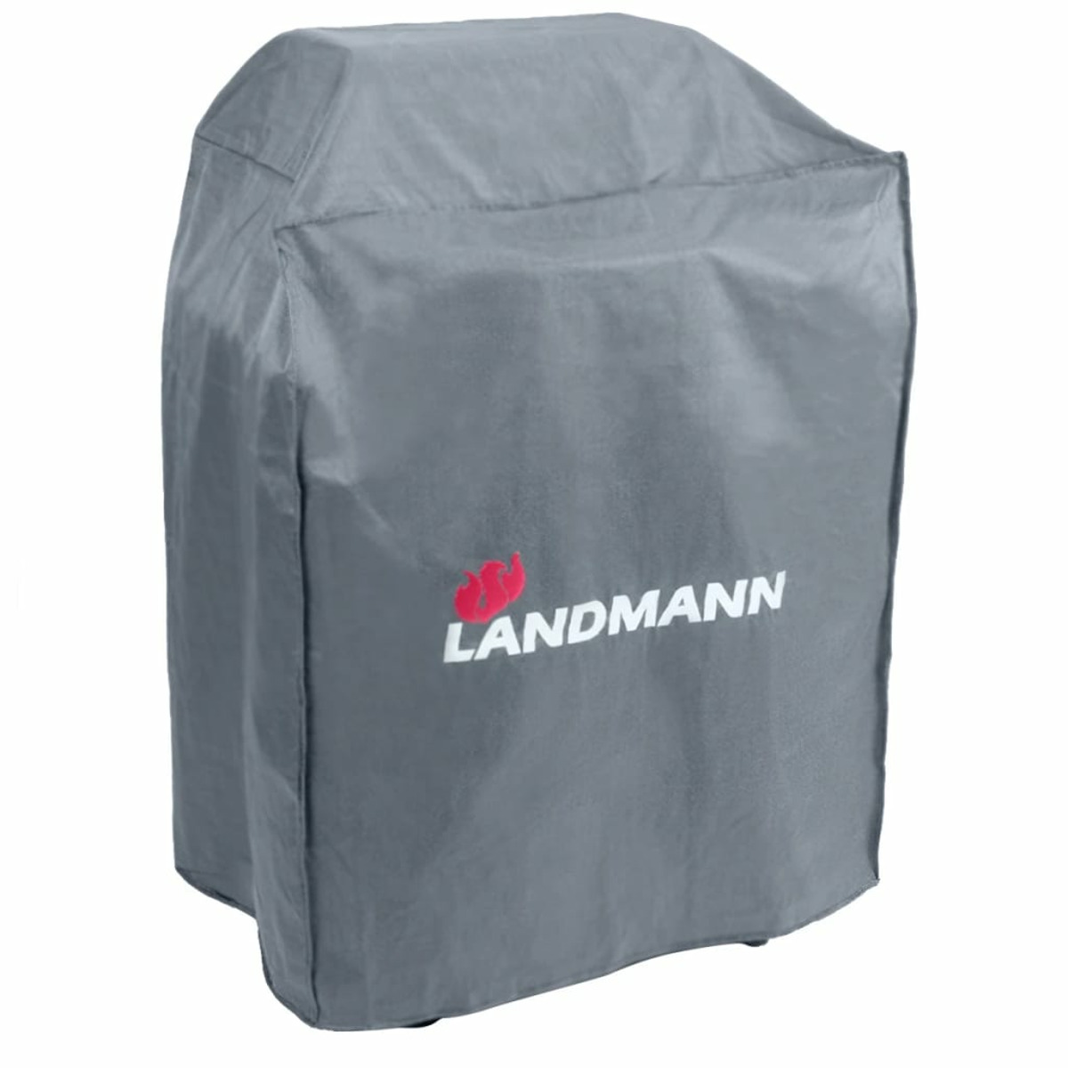 Szara osłona grilla z logo Landmann. Zakrywa grill. Białe tło.