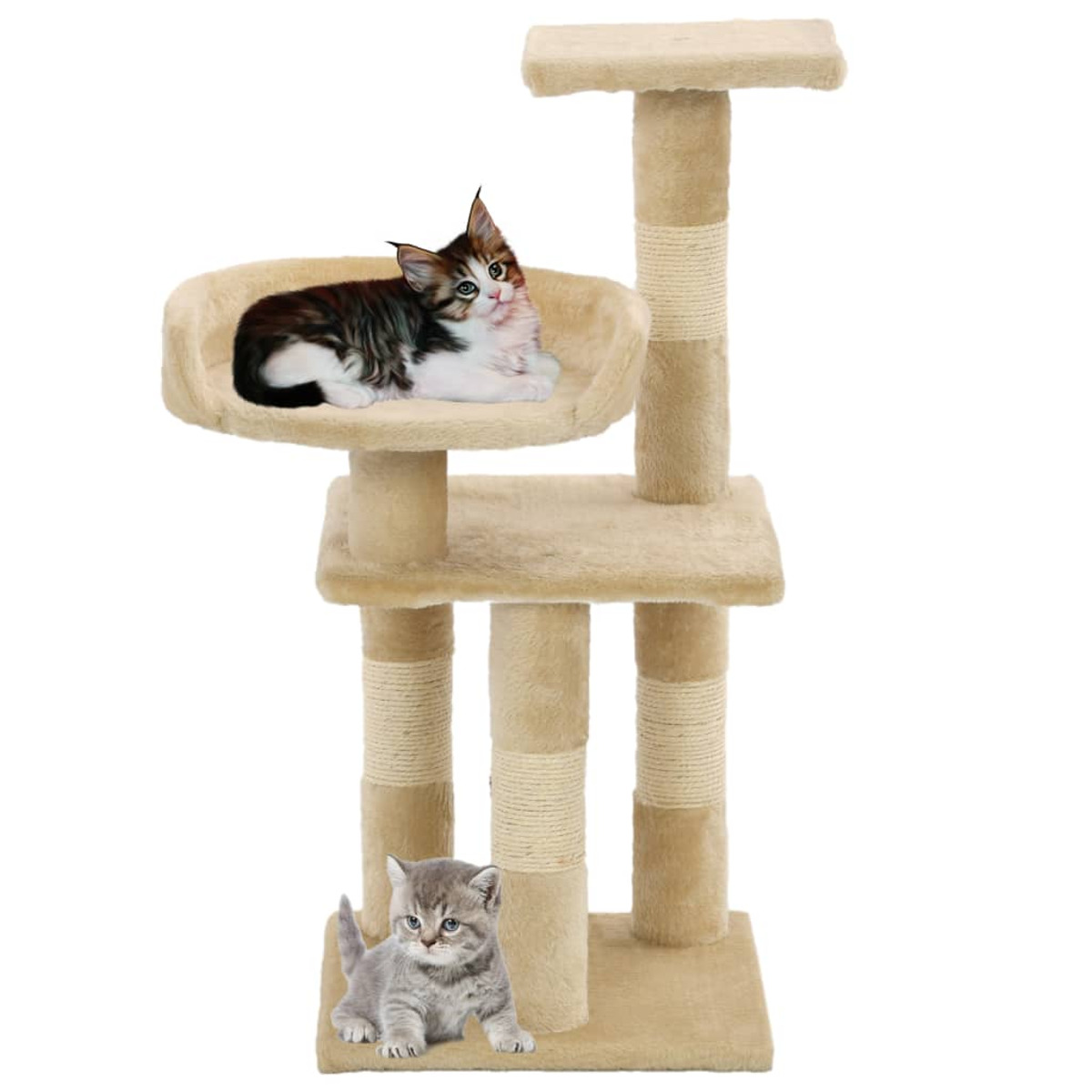 Katzenbaum mit zwei Katzen, eine im Bett und eine am Boden.