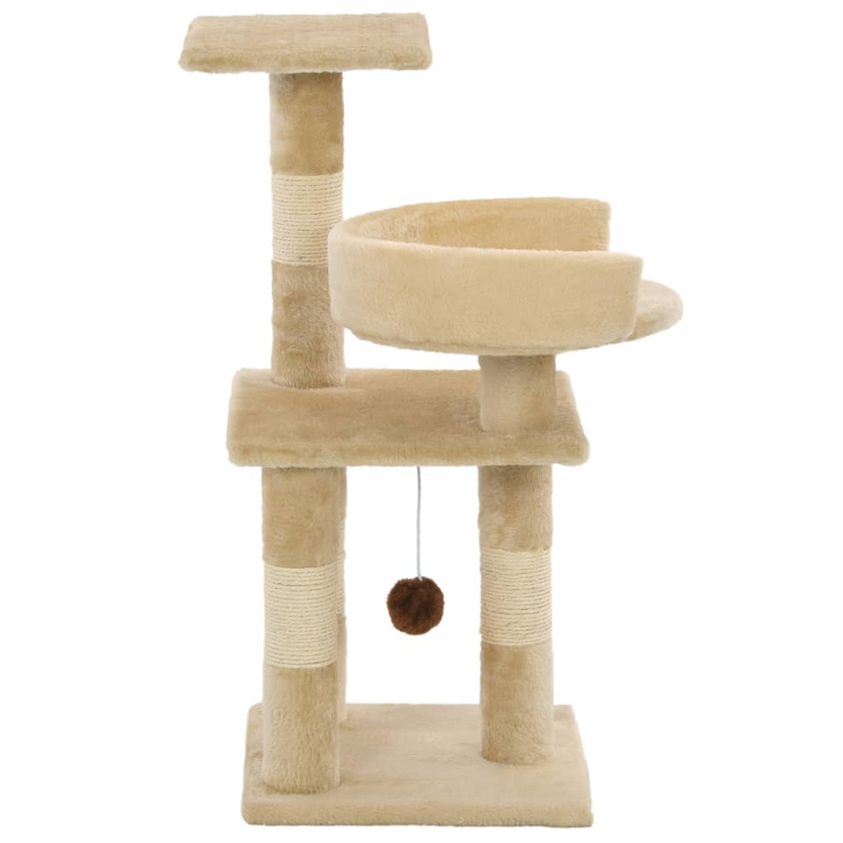 Beiger Katzenbaum mit Plattformen, Hängematte und Spielzeug.