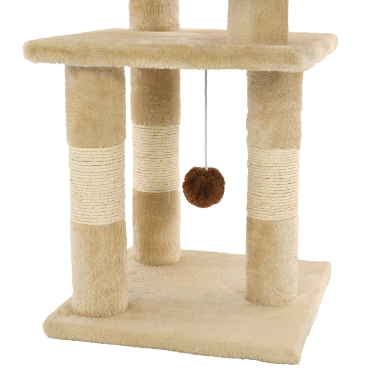 Katzenbaum mit mehreren Ebenen, beige, mit Kratzpfosten und einem hängenden Spielzeug.