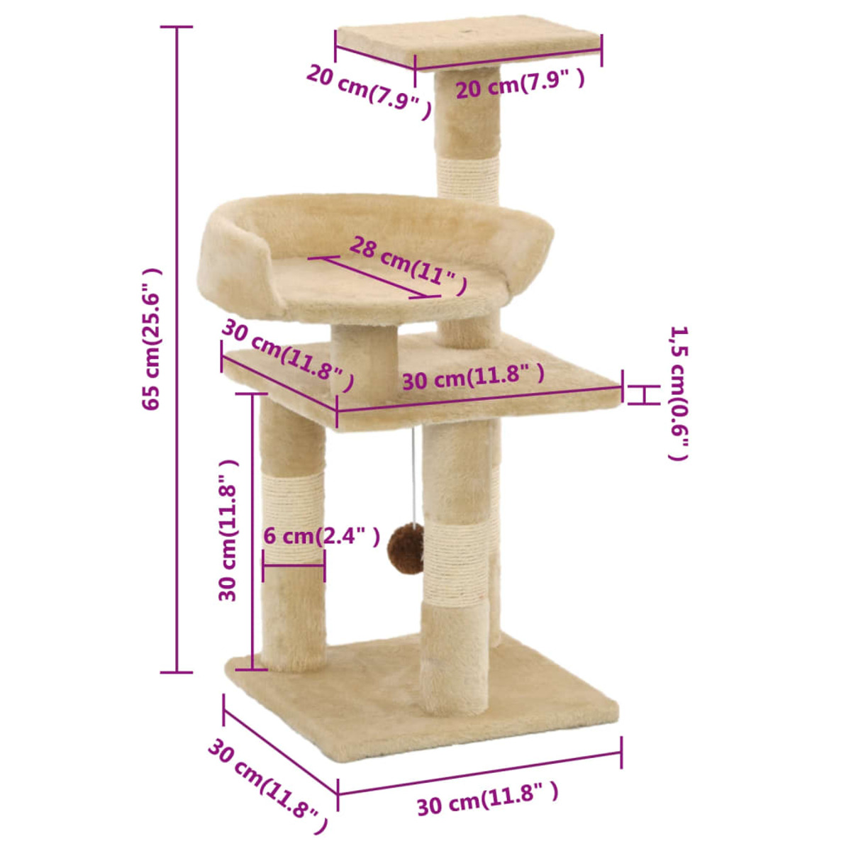 Ein beiger Katzenbaum mit verschiedenen Ebenen. Er hat eine quadratische Basis, mehrere Plattformen und ein kleines Bett.