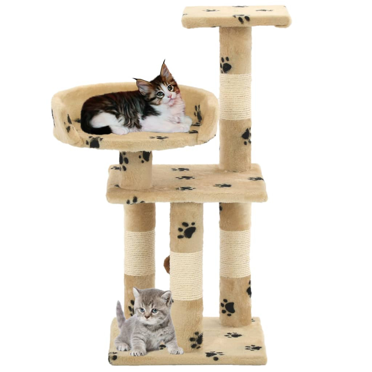 Kratzbaum mit zwei Katzen. Eine im Bett, das andere Kätzchen steht.