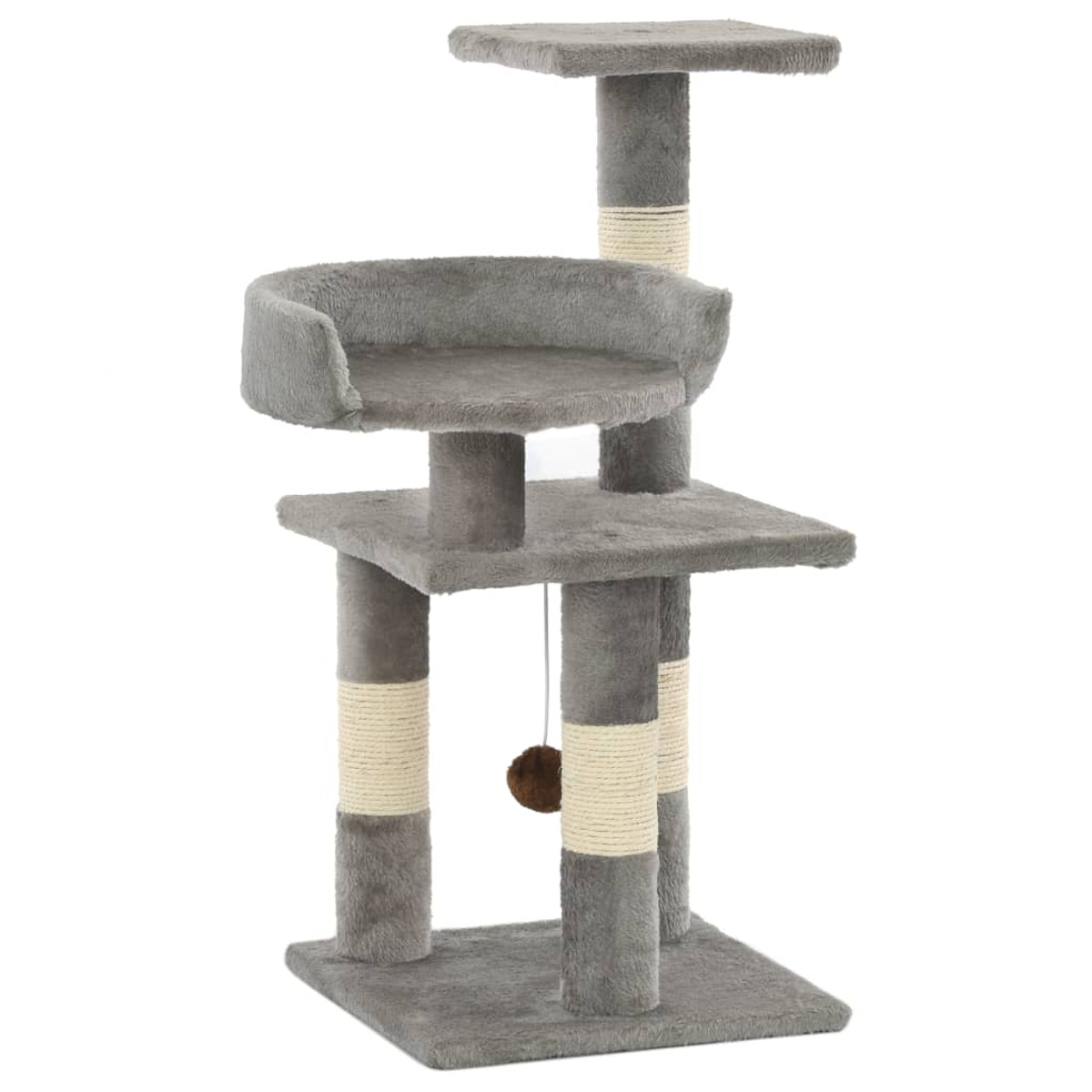 Ein grauer Katzenbaum mit mehreren Ebenen, einem Bett und einem hängenden Ball. Weißer Hintergrund.