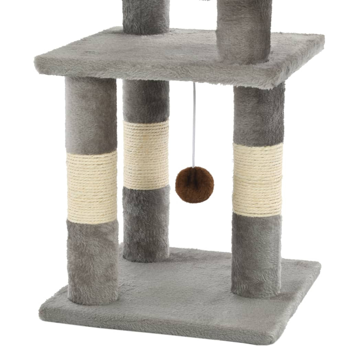 Grauer Katzenbaum mit mehreren Ebenen, Pfosten mit Seil und einer hängenden Kugel.