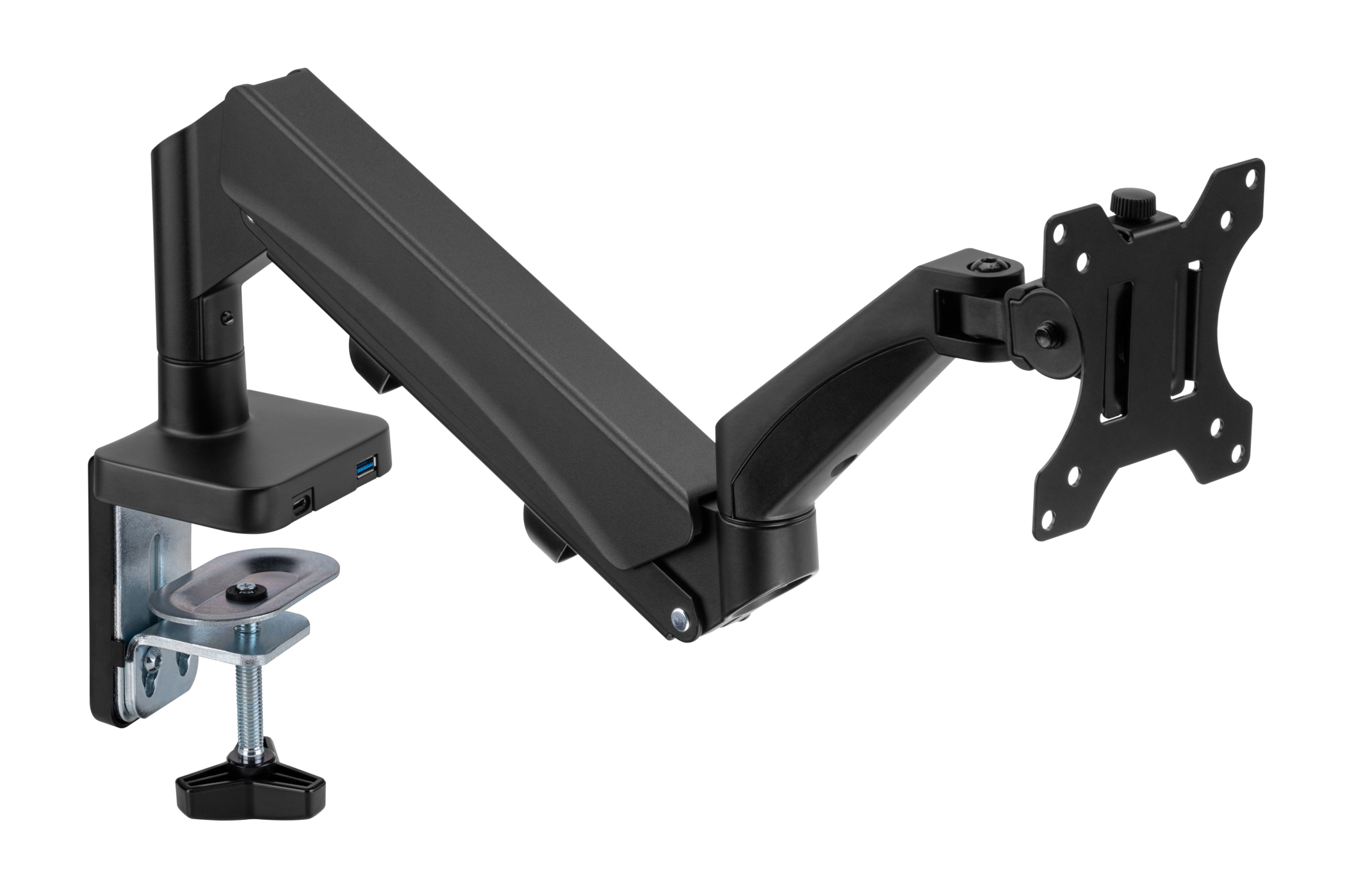 Schwarzer Monitorarm mit Klemme, USB-Anschluss und Monitorhalterung. Es ist auf weißem Hintergrund.