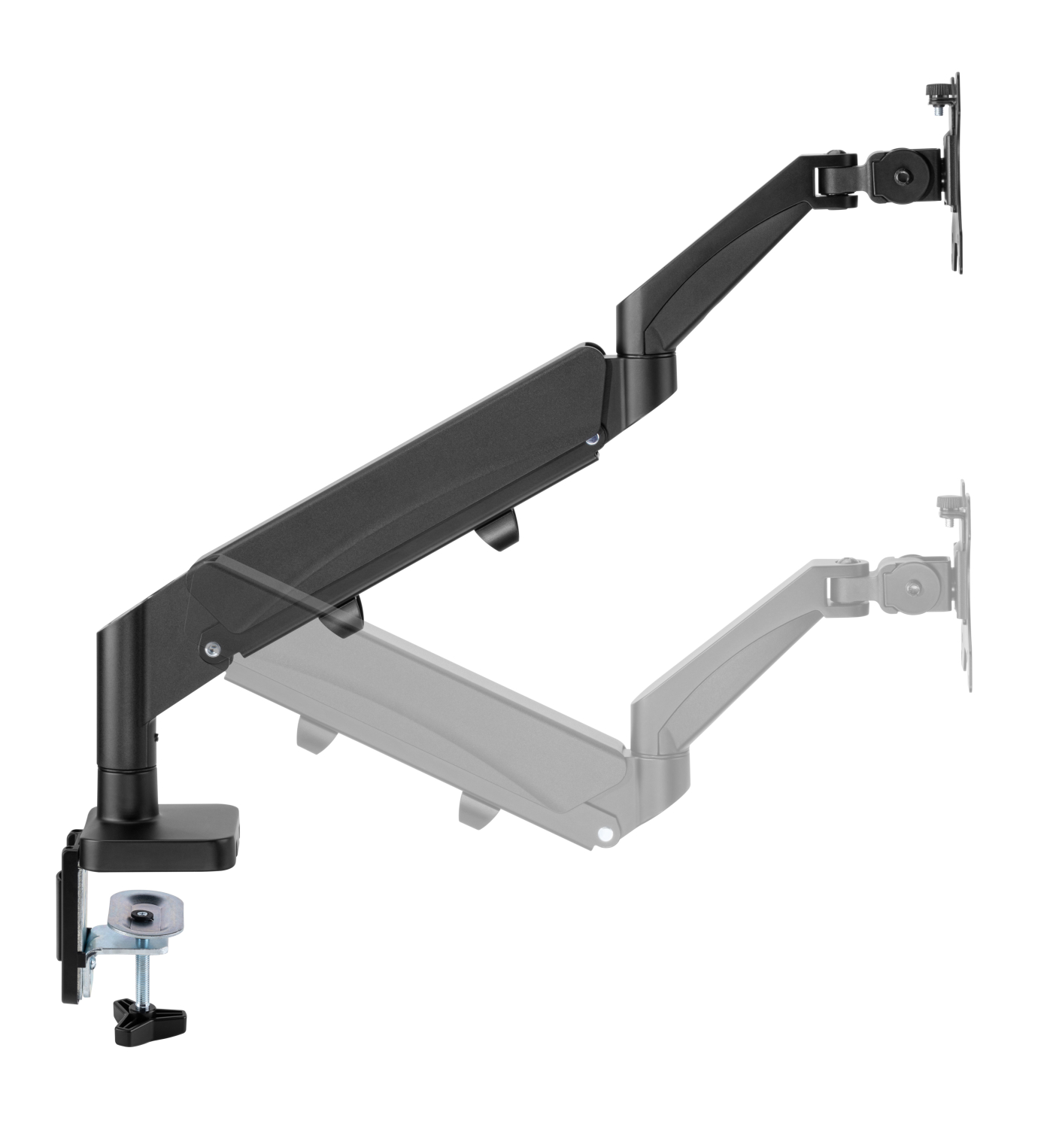 Ein schwarzer Monitorarm. Zeigt einen montierten Arm und eine Geisterversion, Schreibtischklemme sichtbar.