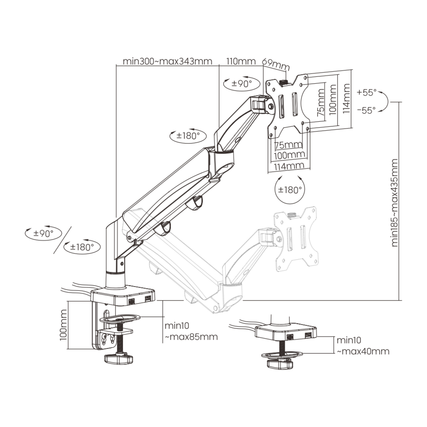 Diagramm eines Monitorarms mit Abmessungen und Winkeln. Es gibt verschiedene Messungen in Millimetern und Grad.