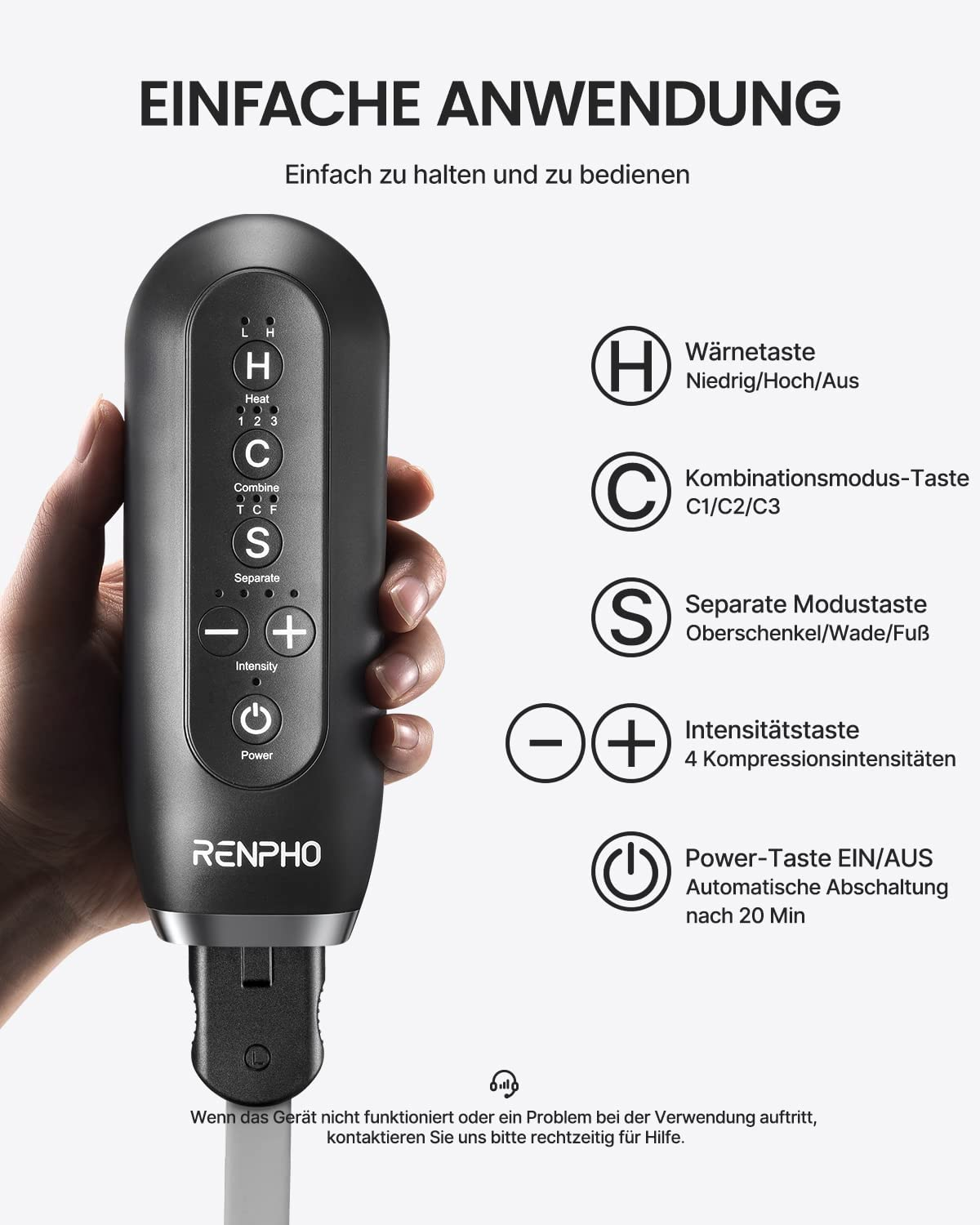 Een zwart massageapparaat met symbolen en een hand die het vasthoudt.