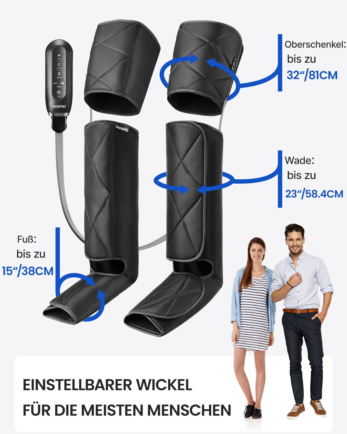Een beenmassageapparaat met afmetingen en een stel dat het product demonstreert.