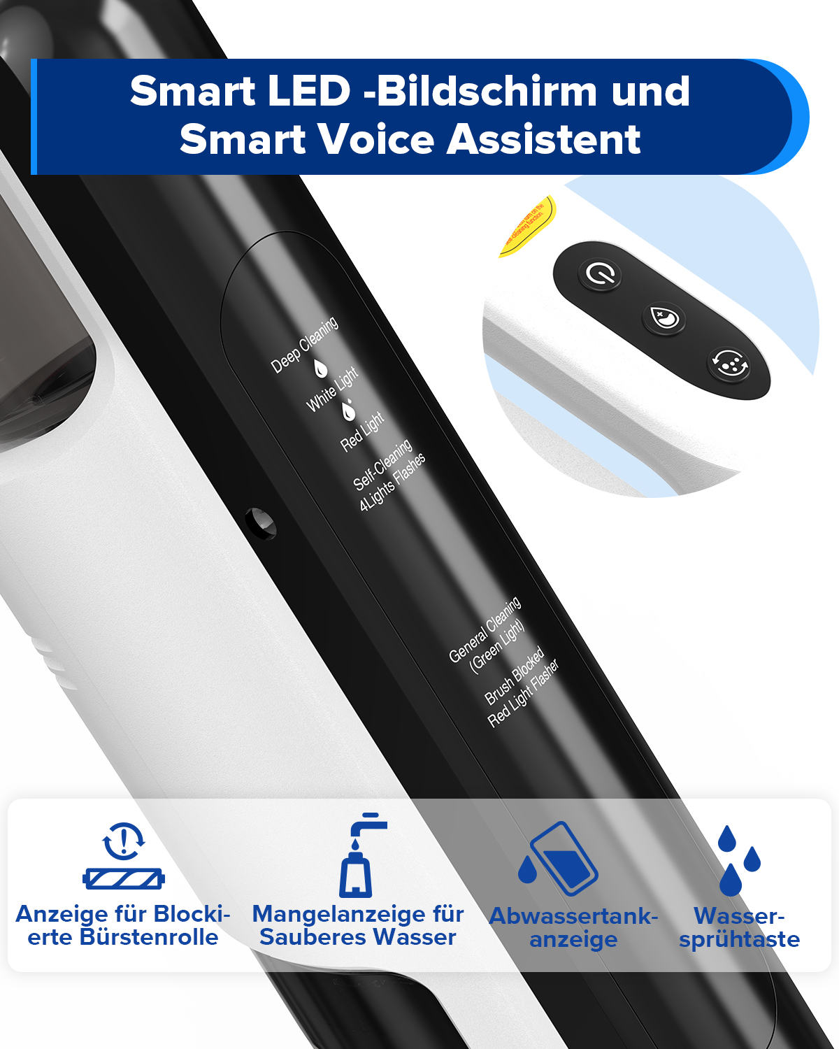 Zbliżenie na biało-czarne urządzenie czyszczące z panelem sterowania i ikonami.