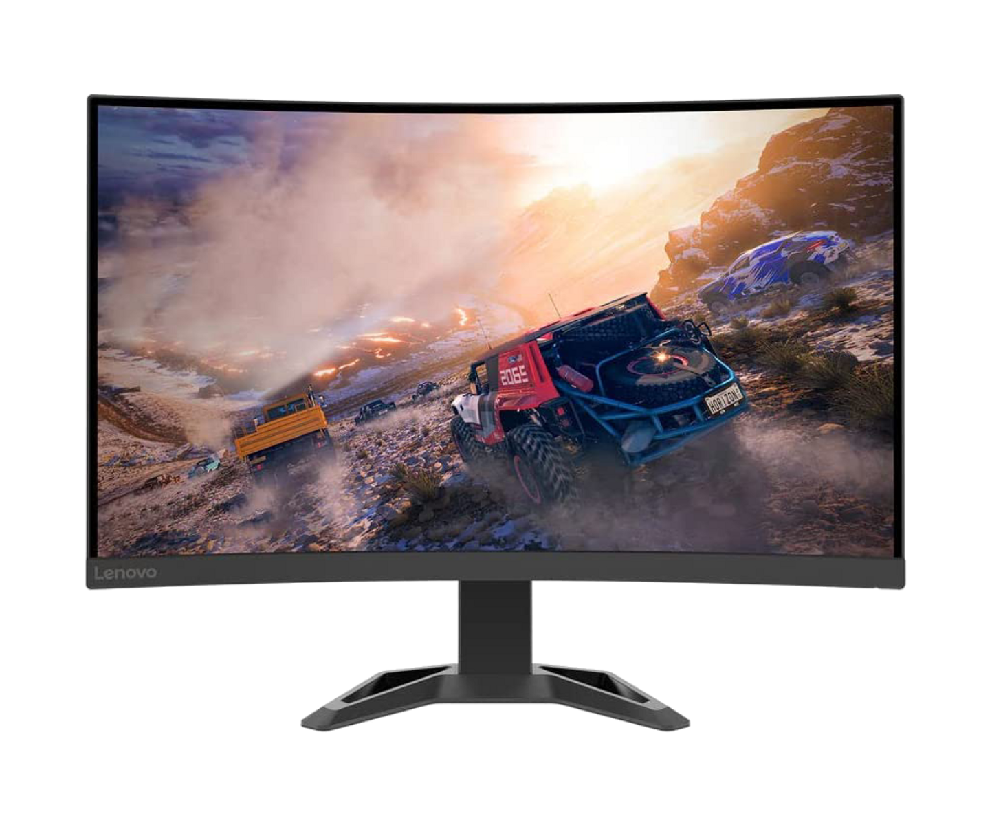 Zakrzywiony monitor wyświetlający grę wyścigową. Ciężarówka i czerwony samochód biorą udział w wyścigu.