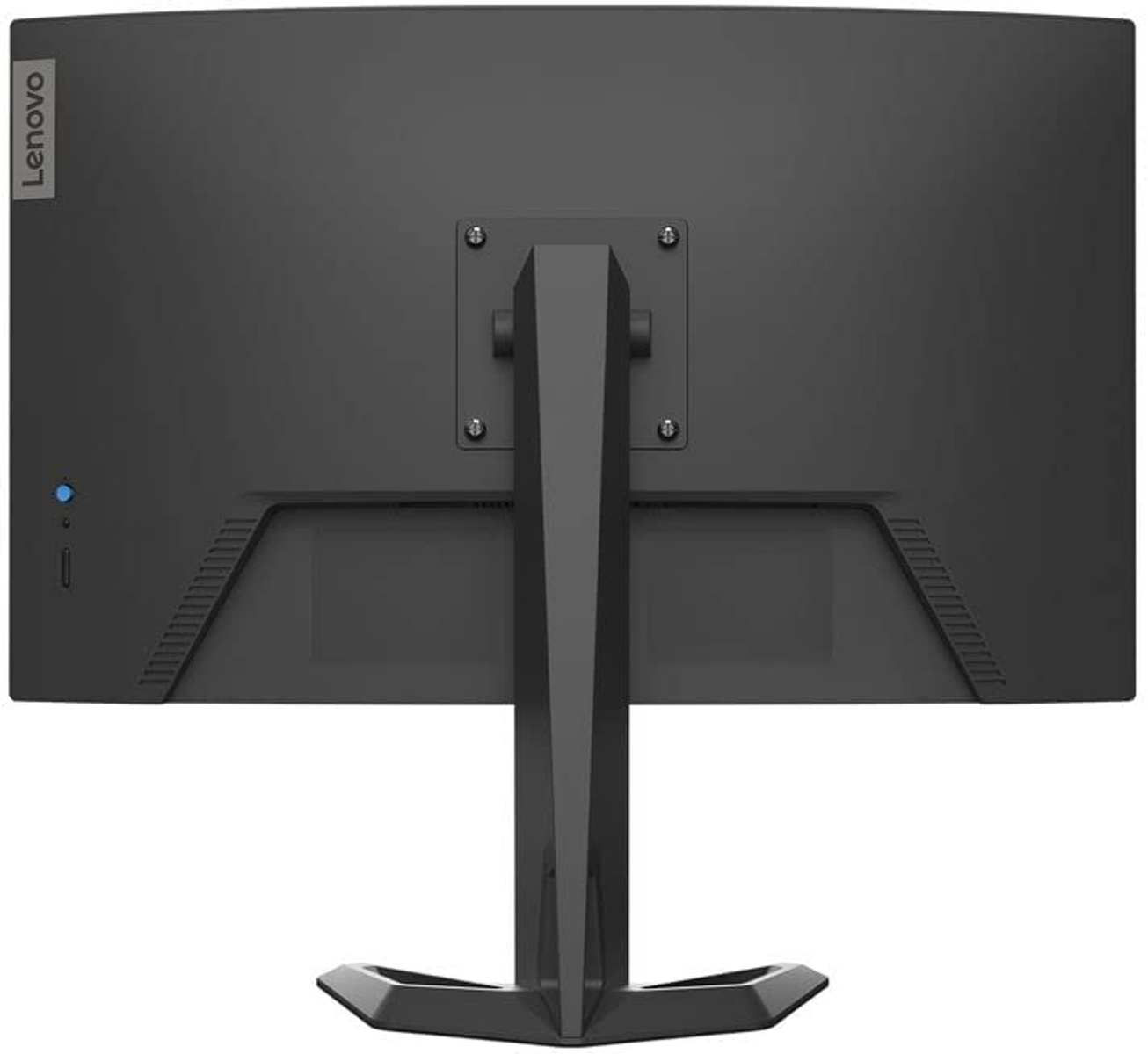 Widok z tyłu czarnego monitora Lenovo ze stojakiem. Widoczne logo Lenovo.