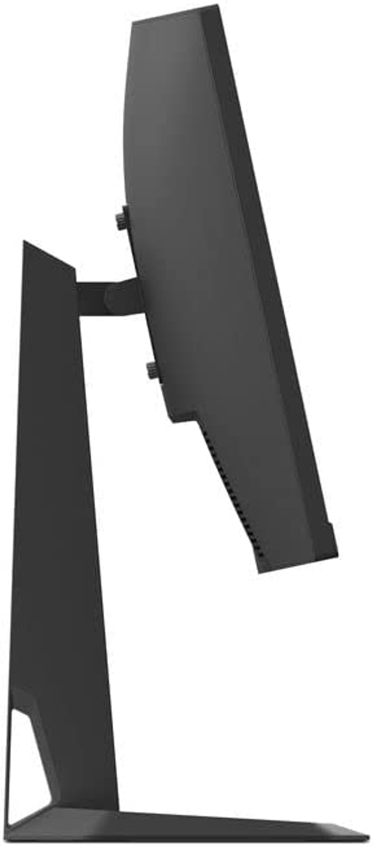 Czarny monitor komputera jest wyświetlany z profilu bocznego, pokazując podstawę i ekran.