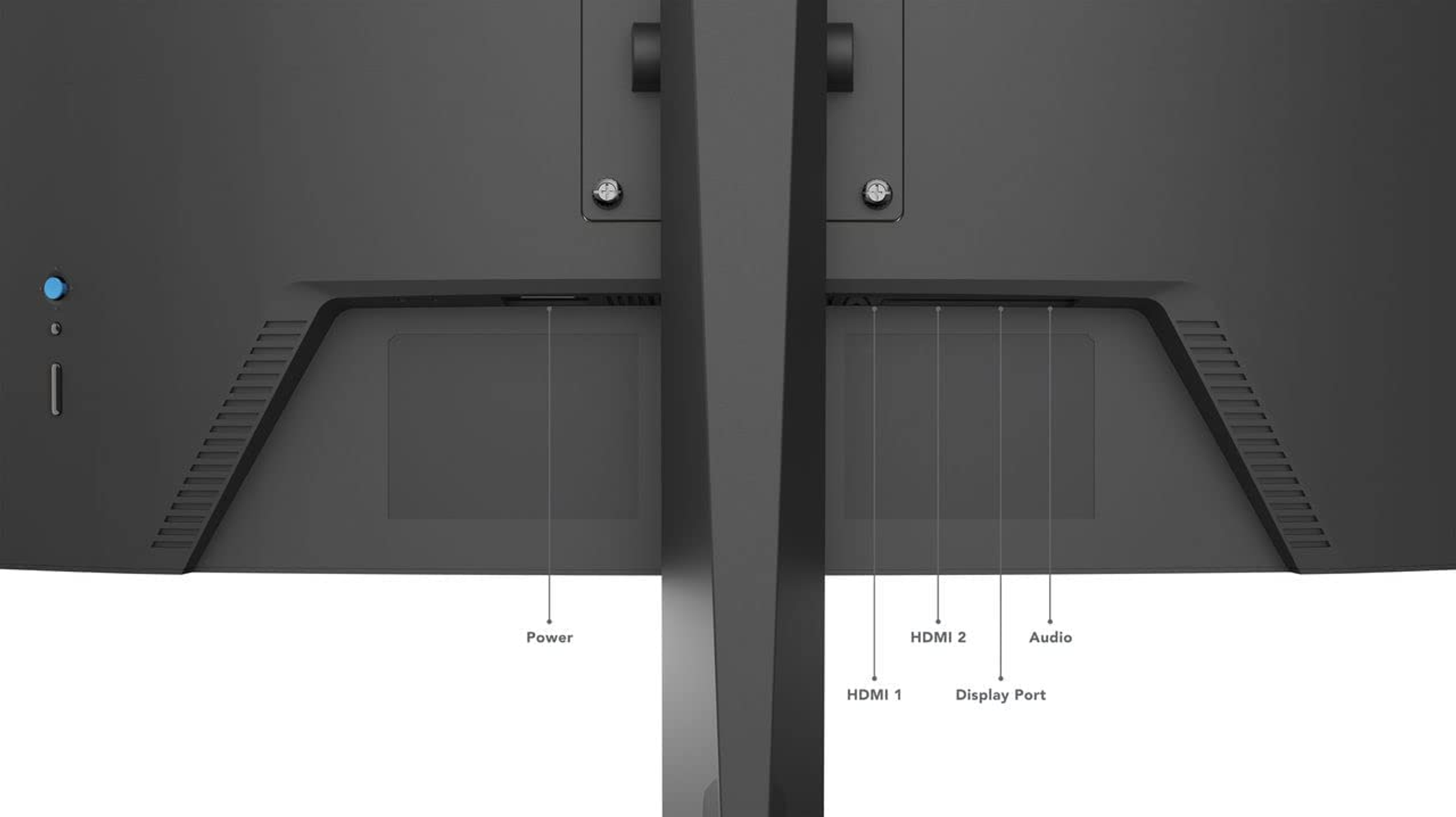 Tył czarnego monitora komputera. Zawiera porty zasilania, HDMI, DisplayPort i audio.