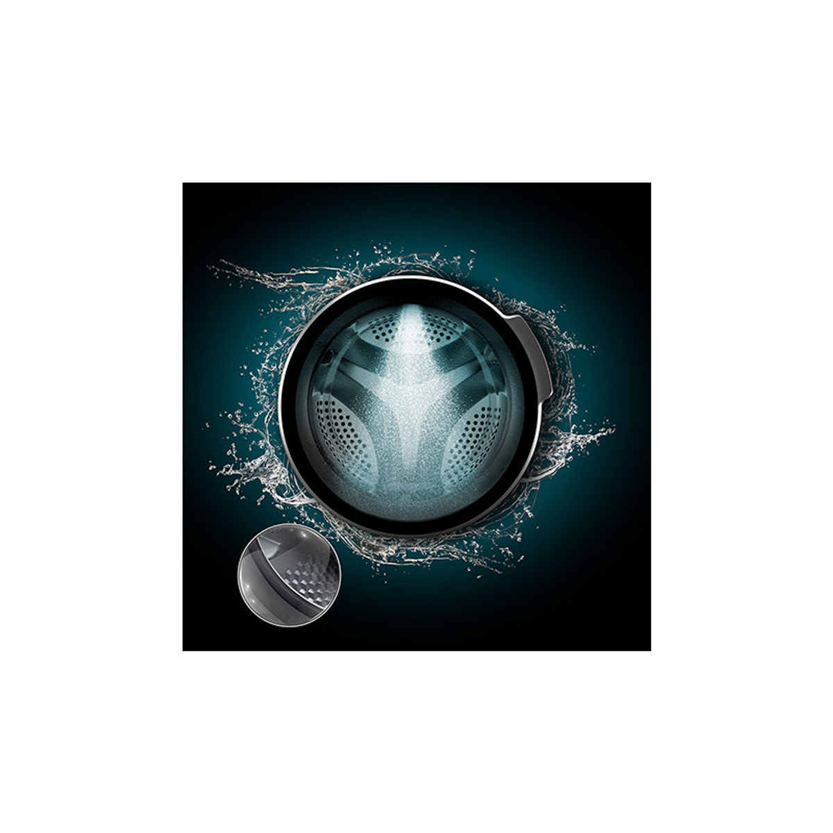 Zbliżenie bębna pralki z chlapiącą wodą i mniejszym okręgiem.