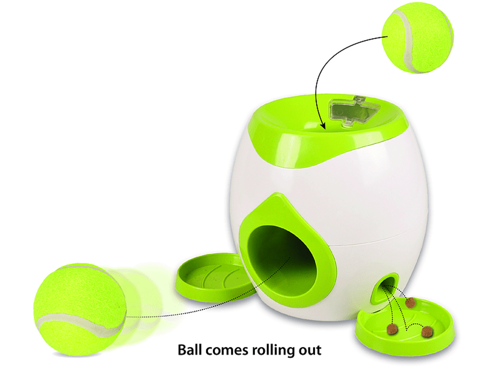 Juguete para perros con dispensador de pelotas. Diseño verde y blanco. Una pelota rueda. Tres croquetas.
