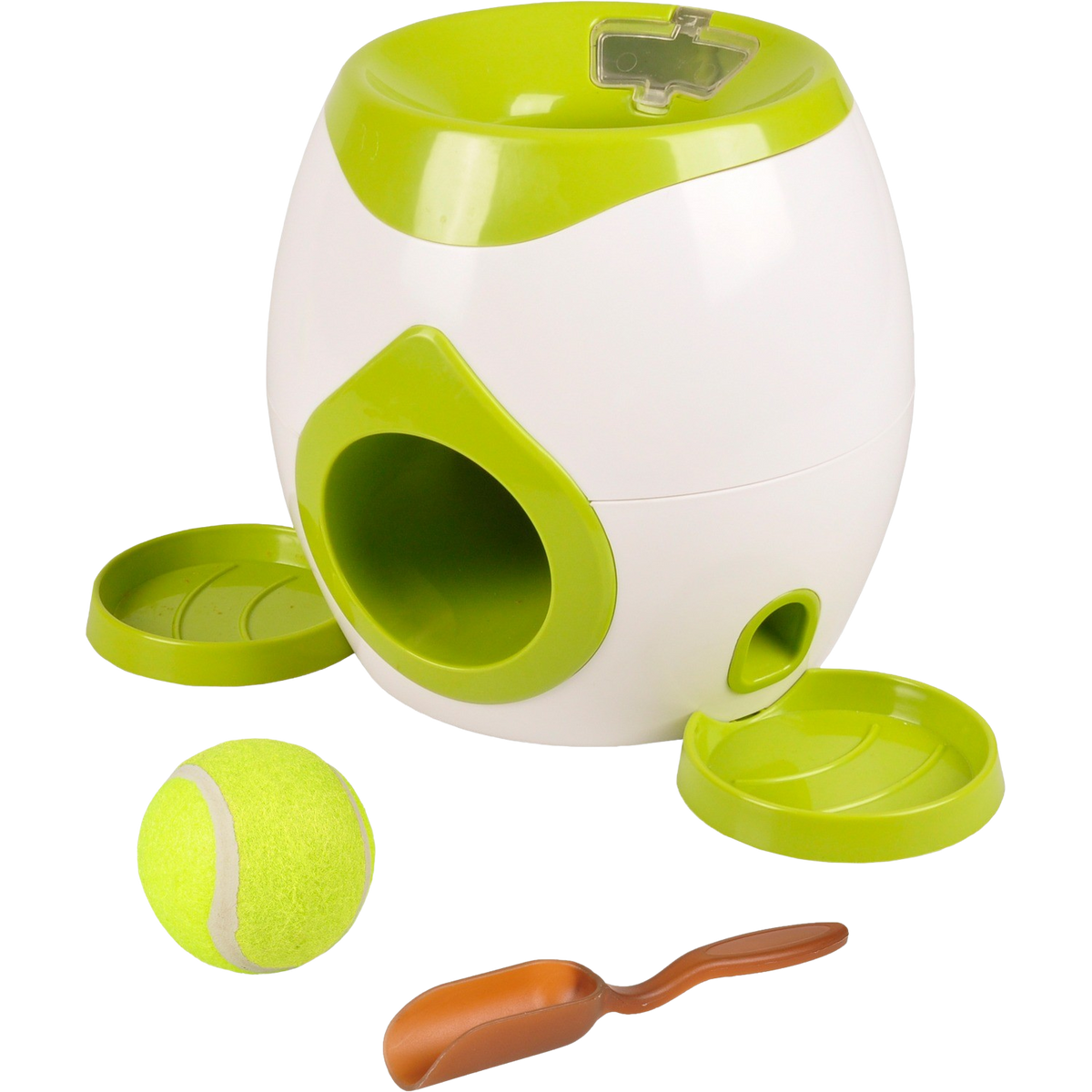 Un juguete para perros blanco y verde con una pelota de tenis y una pala.