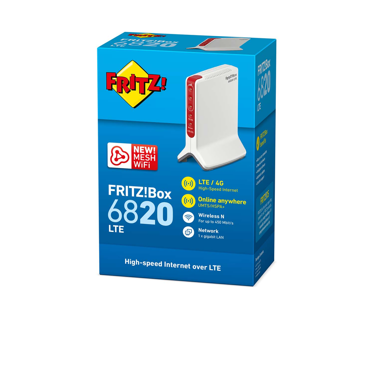 Pudełko z białym routerem. Niebiesko-białe pudełko z tekstem i ikonami. Białe tło.