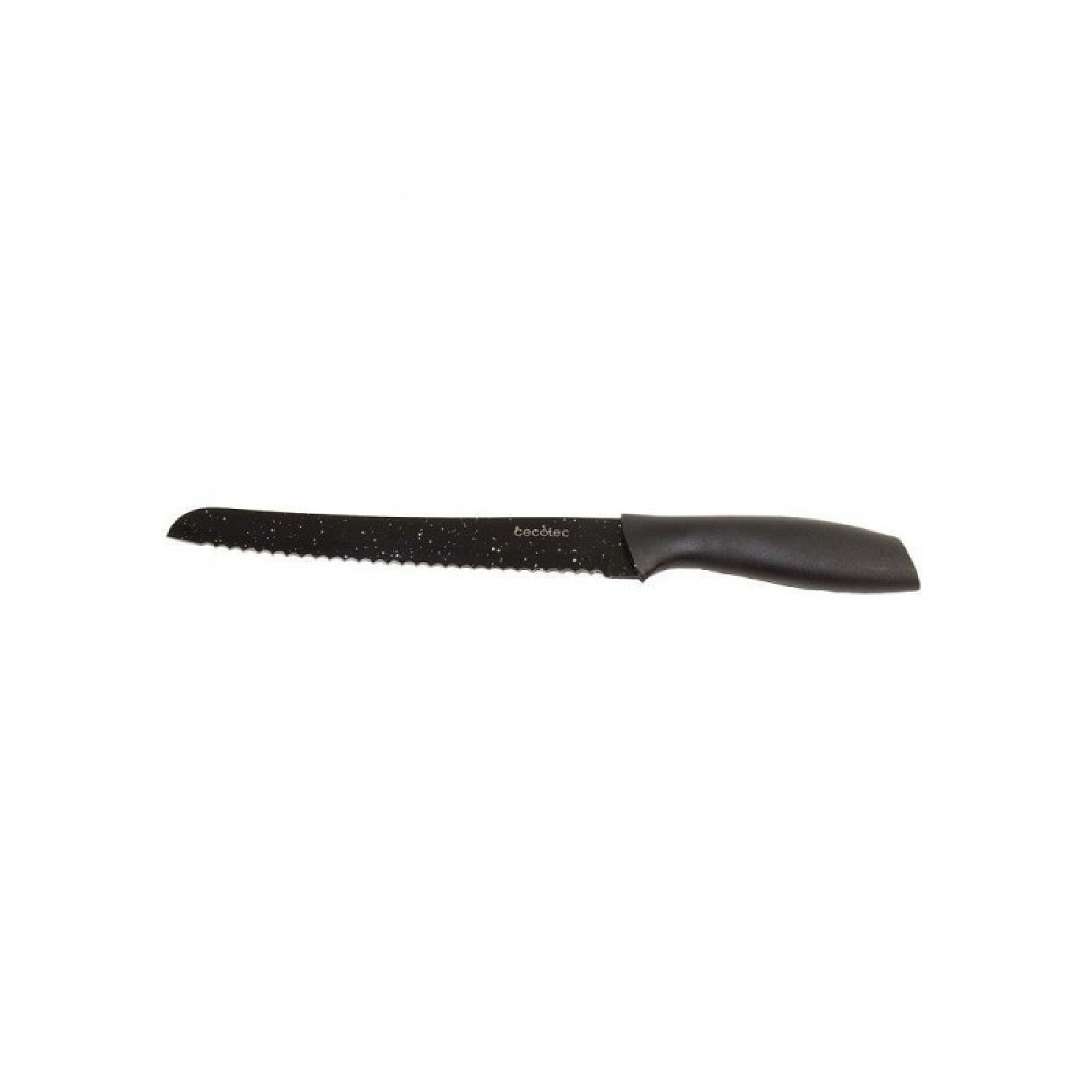 Cuchillo de pan negro con borde dentado y mango negro.