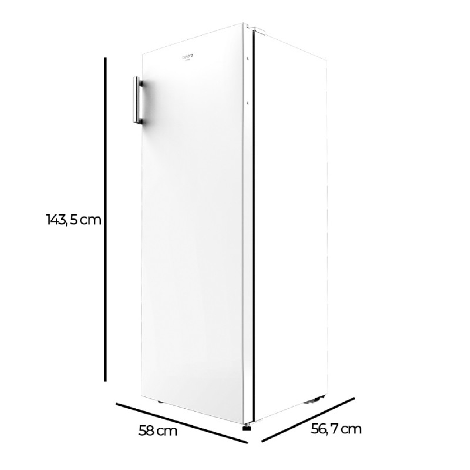 Biała zamrażarka z wymiarami: 143,5cm, 58cm, 56,7cm.