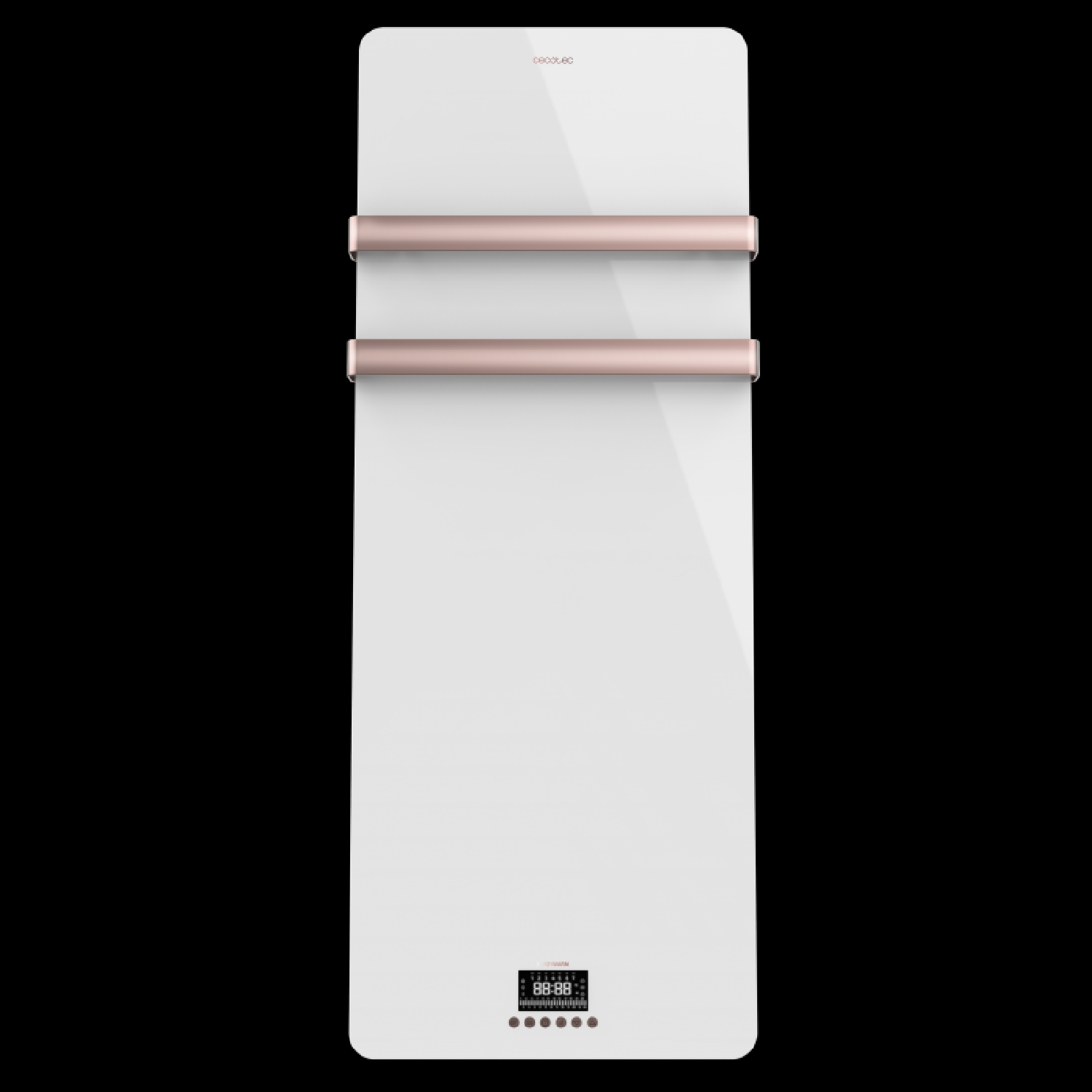 Biały, szklany podgrzewacz do ręczników z dwoma różowo-złotymi prętami. Posiada wyświetlacz cyfrowy.