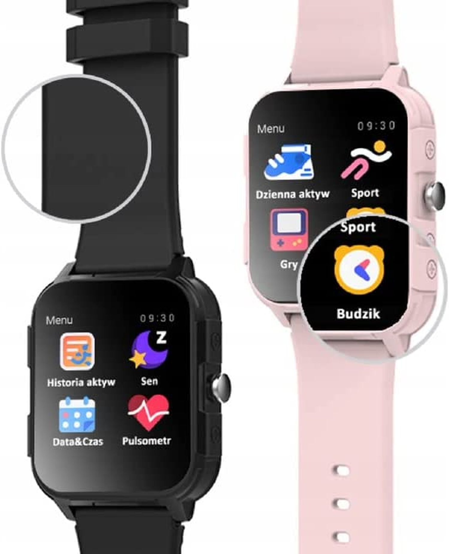 Zwei Smartwatches, eine schwarz, eine rosa. Zeigen Zeit, Aktivität und App-Symbole auf dem Bildschirm.