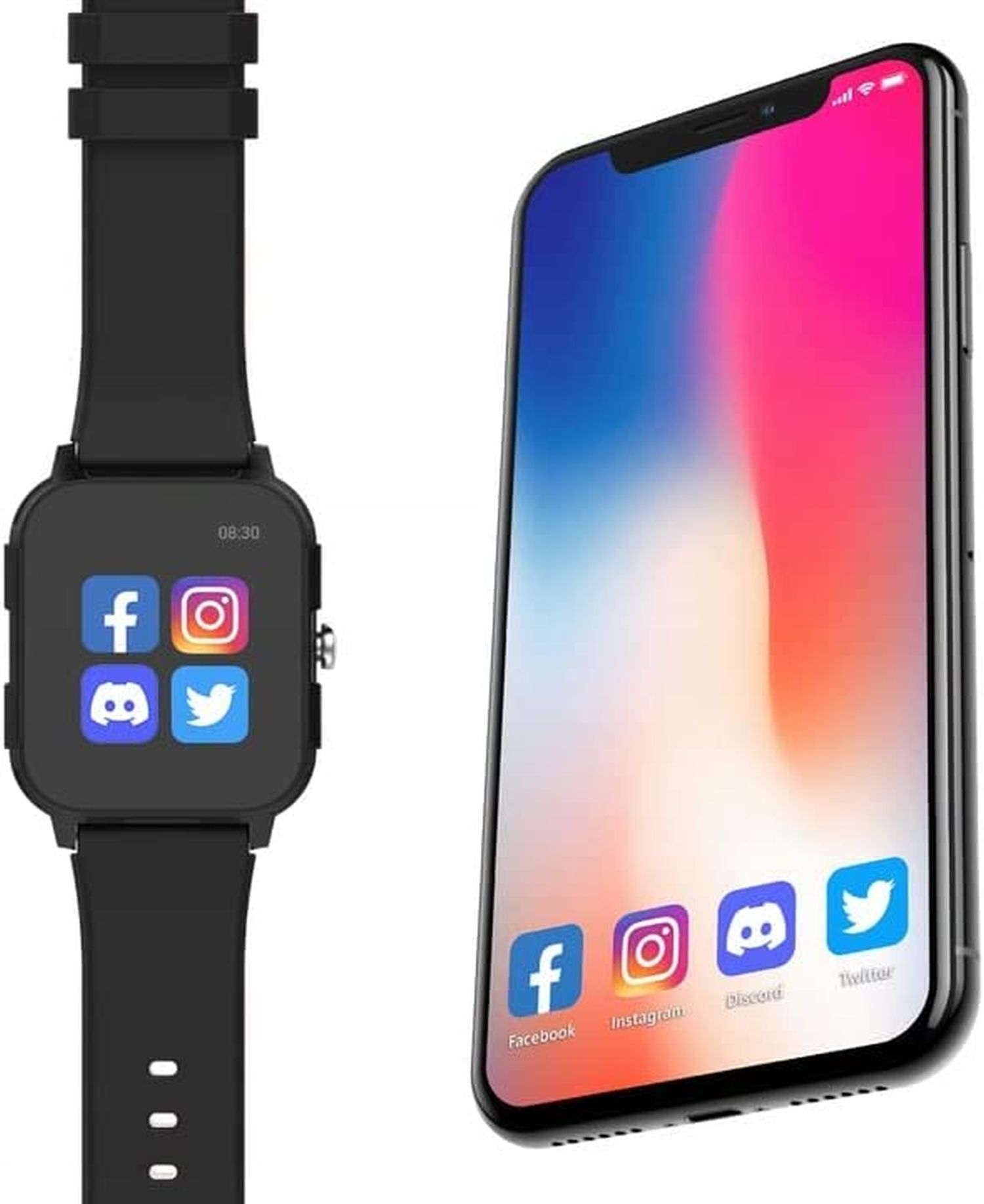 Schwarze Smartwatch neben einem Telefon, das Symbole sozialer Medien-Apps anzeigt.