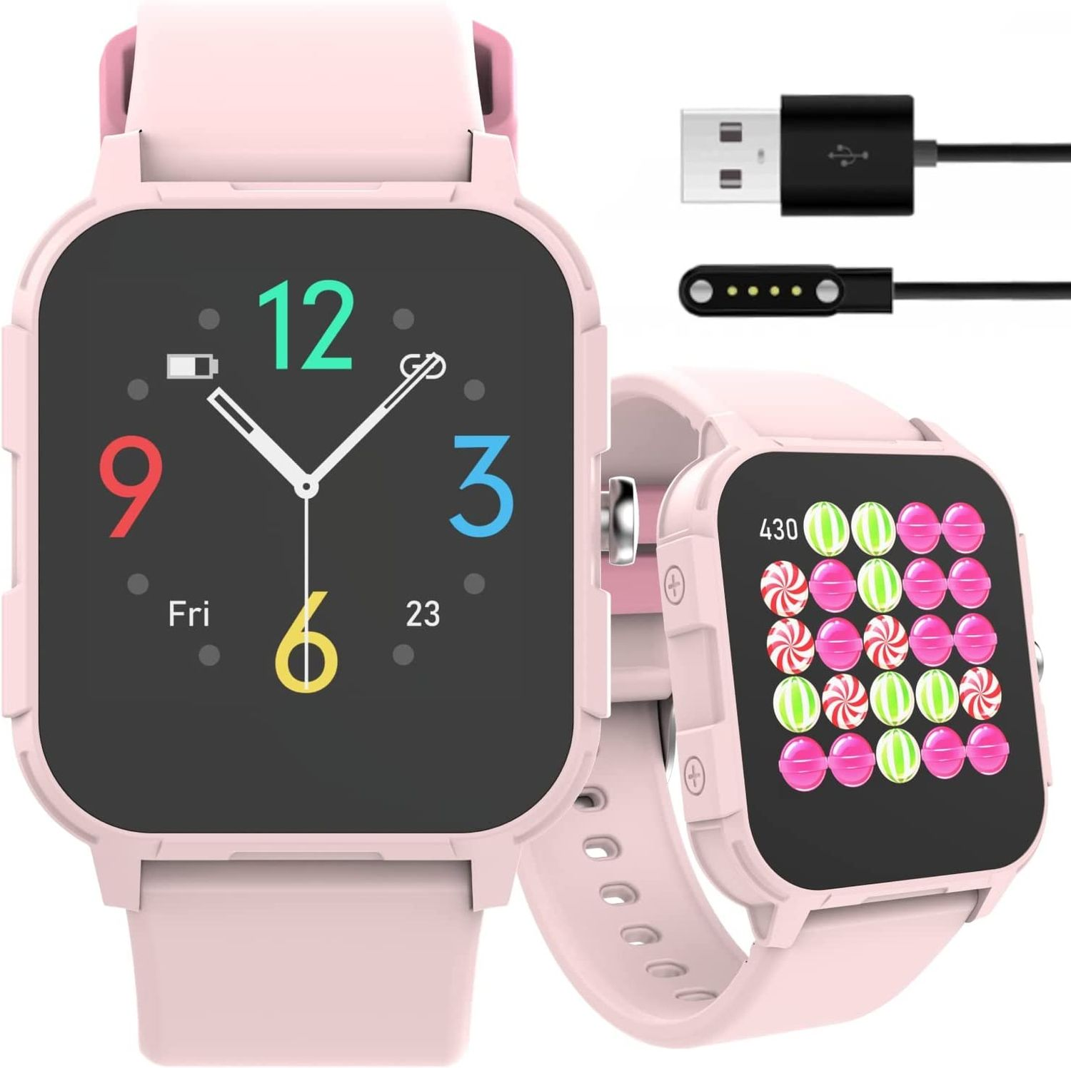 Pinke Smartwatch mit quadratischem Zifferblatt, zeigt Uhrzeit und Datum. Inkl. Ladekabel.
