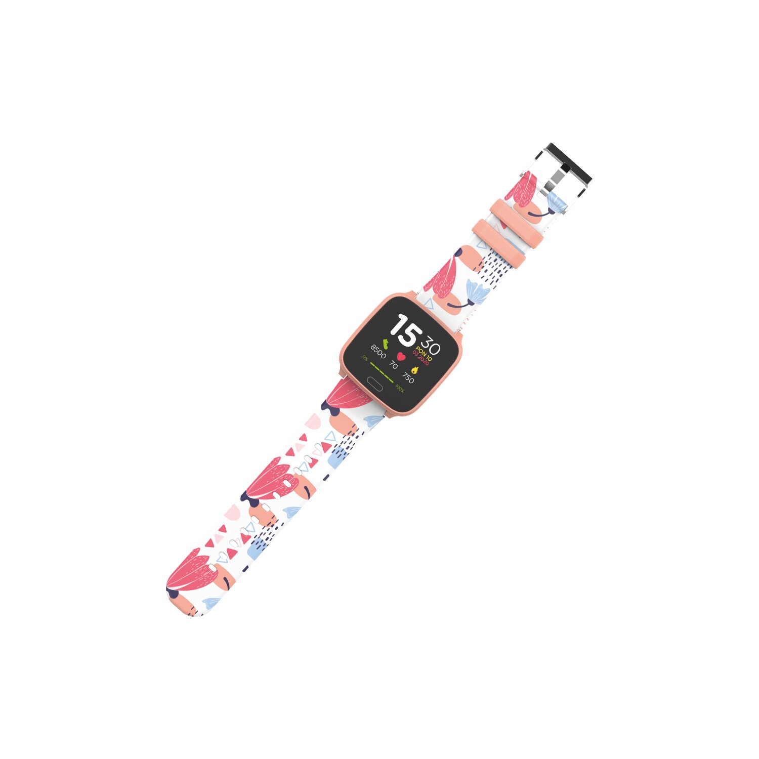 Een roze en witte smartwatch met een bloemenbandje, die tijd en activiteitsgegevens weergeeft.