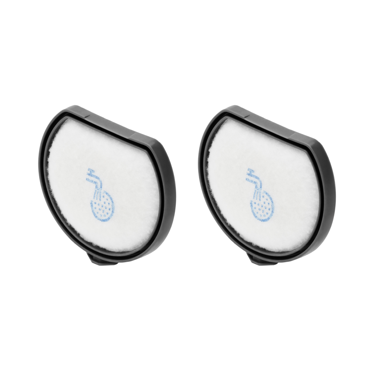 Dos repuestos de filtro de aire, marco negro, filtro blanco con diseño azul.