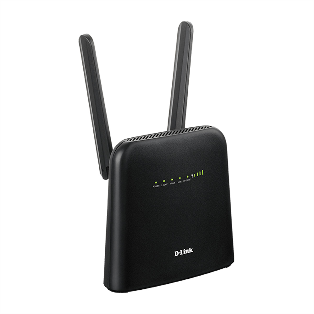 Czarny router D-Link z dwiema antenami i kontrolkami stanu. Białe tło.