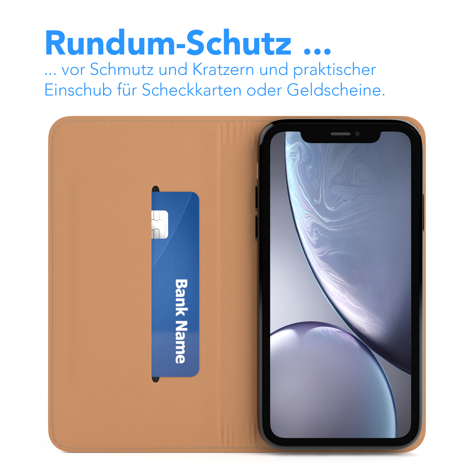 Ein Telefon in einer braunen Brieftasche mit sichtbarer Kreditkarte.