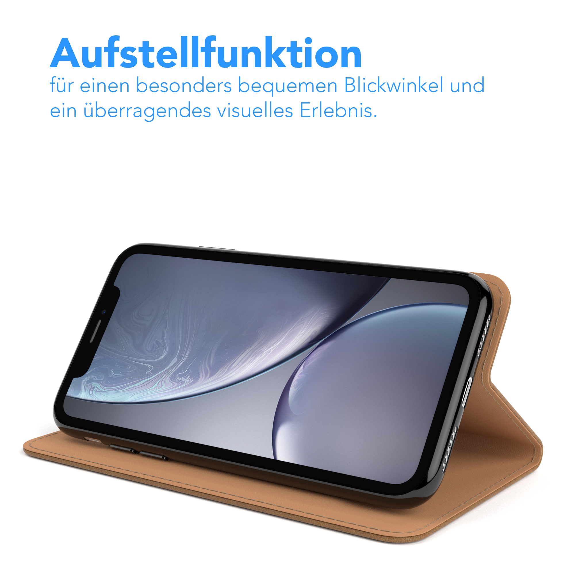 Schwarzes Telefon in brauner Hülle, gefaltet. Text oben. Weißer Hintergrund.