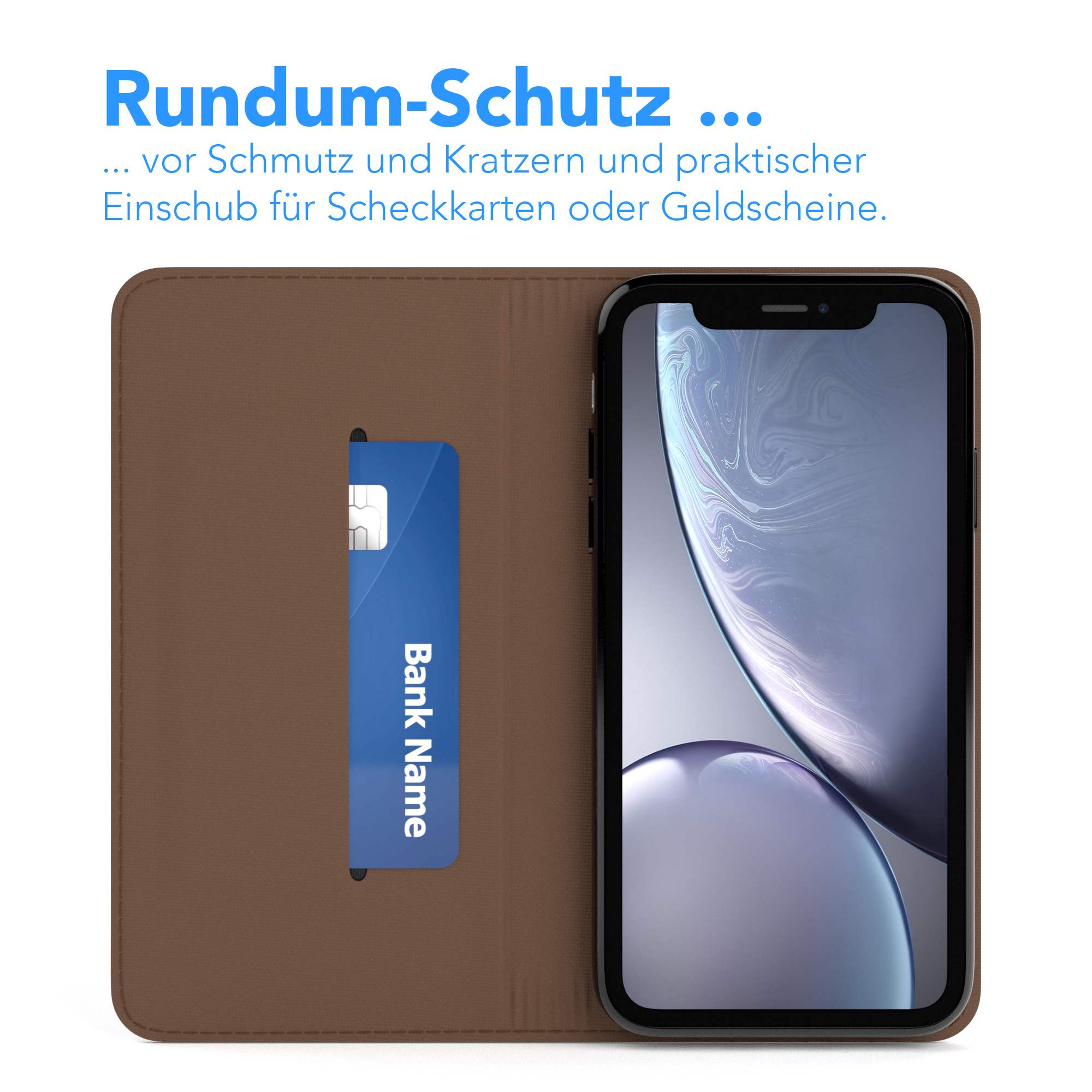 Braune Handyhülle mit Kartenfach. Eine blaue Karte mit Text ist innen. Ein Telefon ist sichtbar.