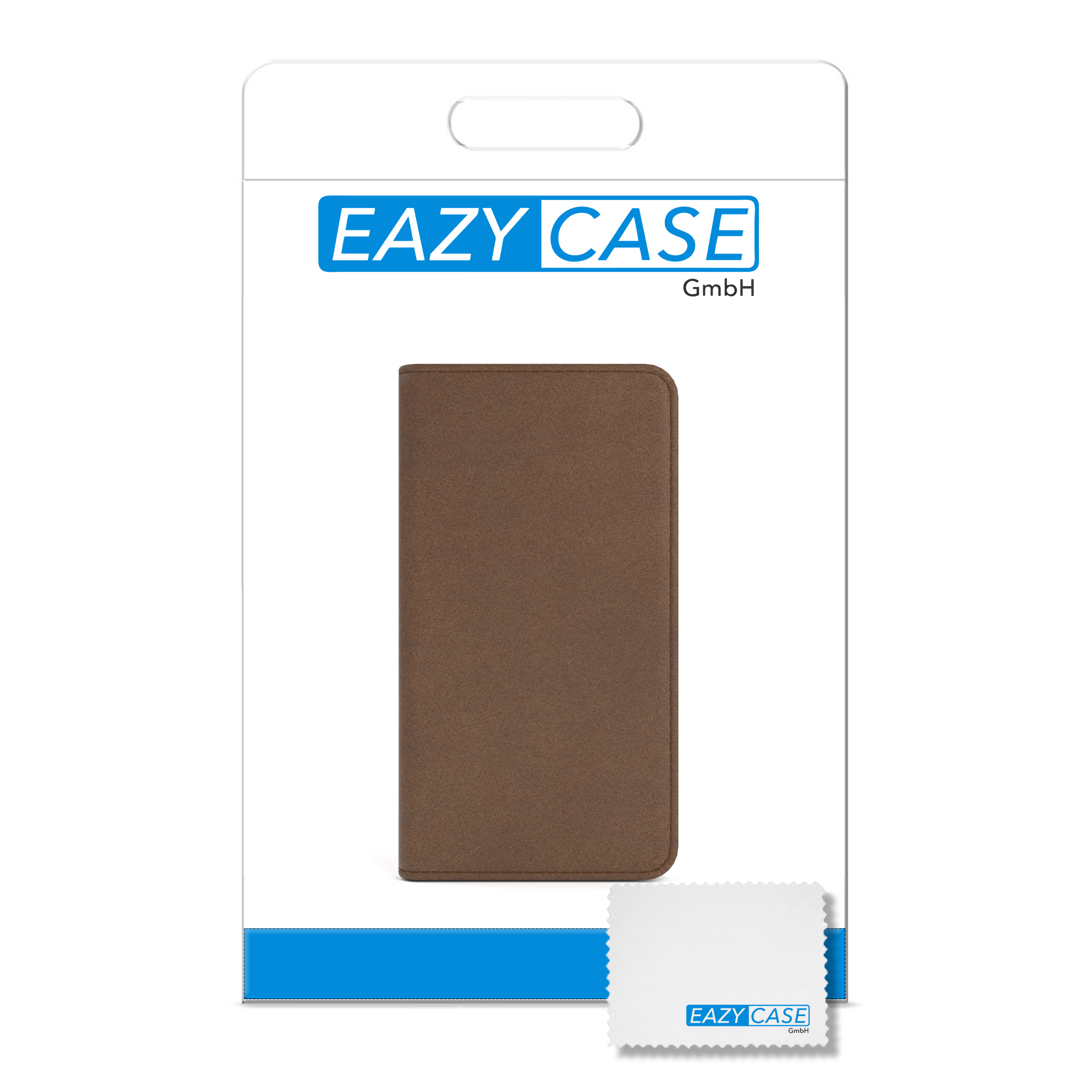 Braune Hülle in weißer Verpackung mit 'EAZY CASE' Schriftzug und einem Reinigungstuch.