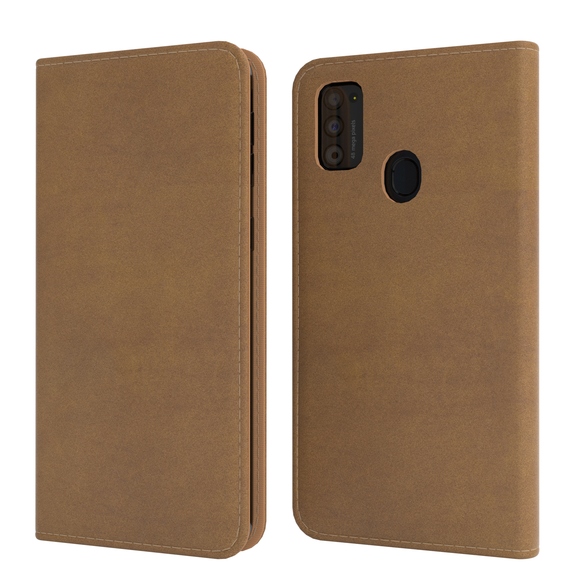 Eine braune Handyhülle mit Vorder- und Rückansicht, mit einem Telefon darin.