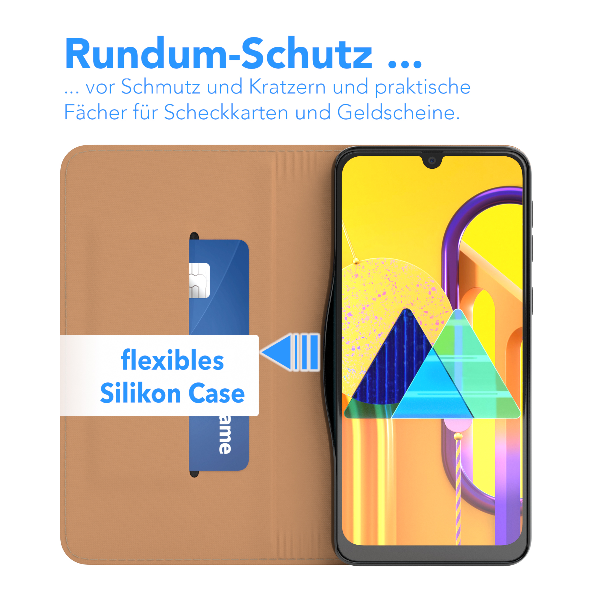 Handyhülle mit Telefon und blauer Karte. Hülle ist braun und hat einen Ausschnitt.