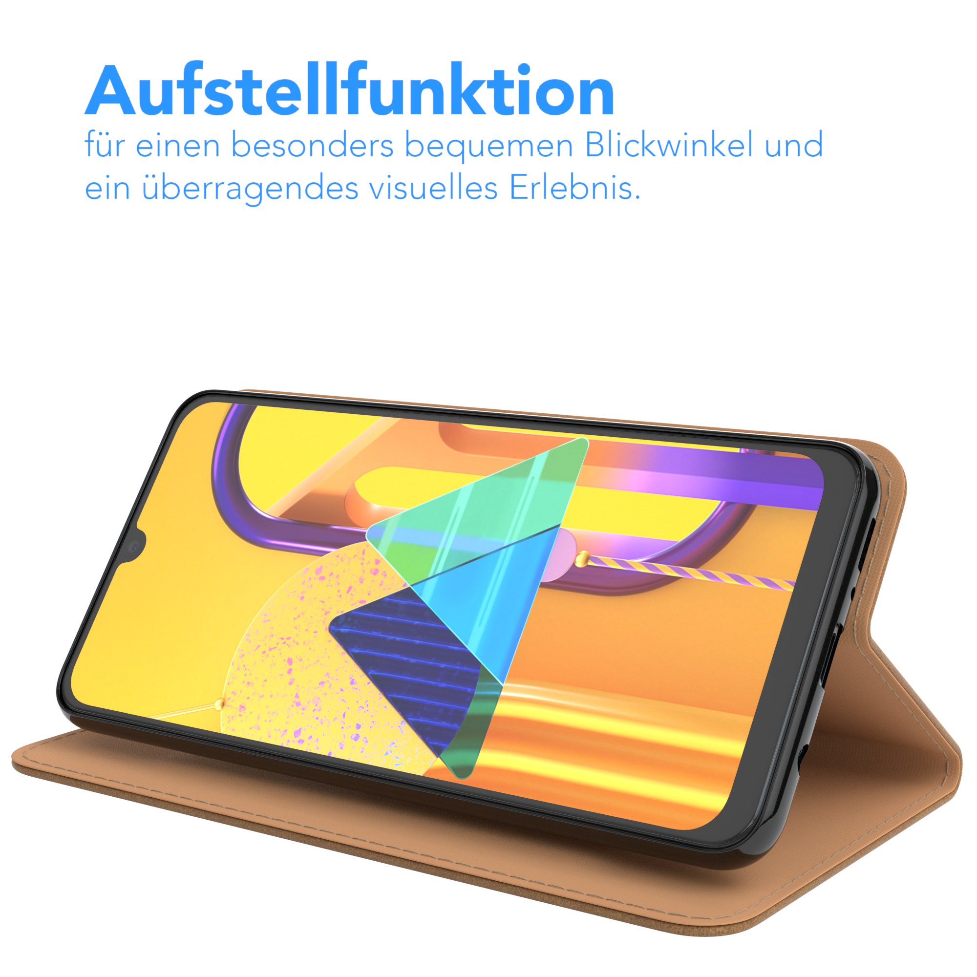 Ein Smartphone in einer braunen Hülle mit einem Bildschirm, der ein farbenfrohes abstraktes Bild zeigt.