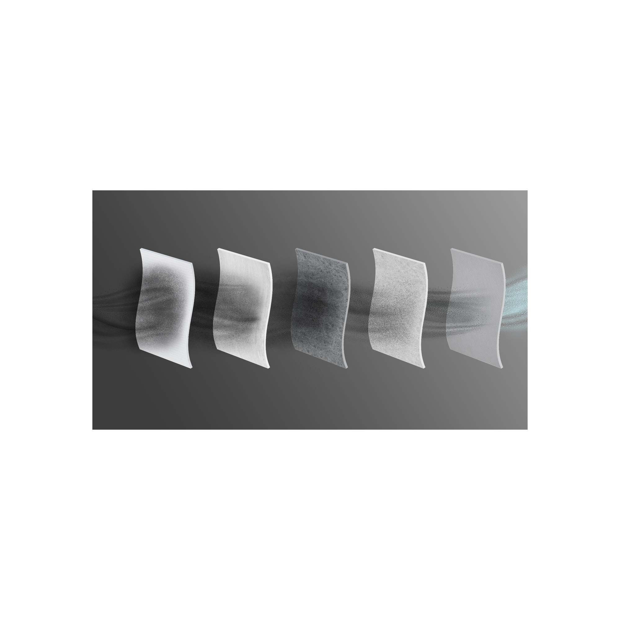 Strati di filtro dell'aria con sfondo grigio. Frecce mostrano il flusso.