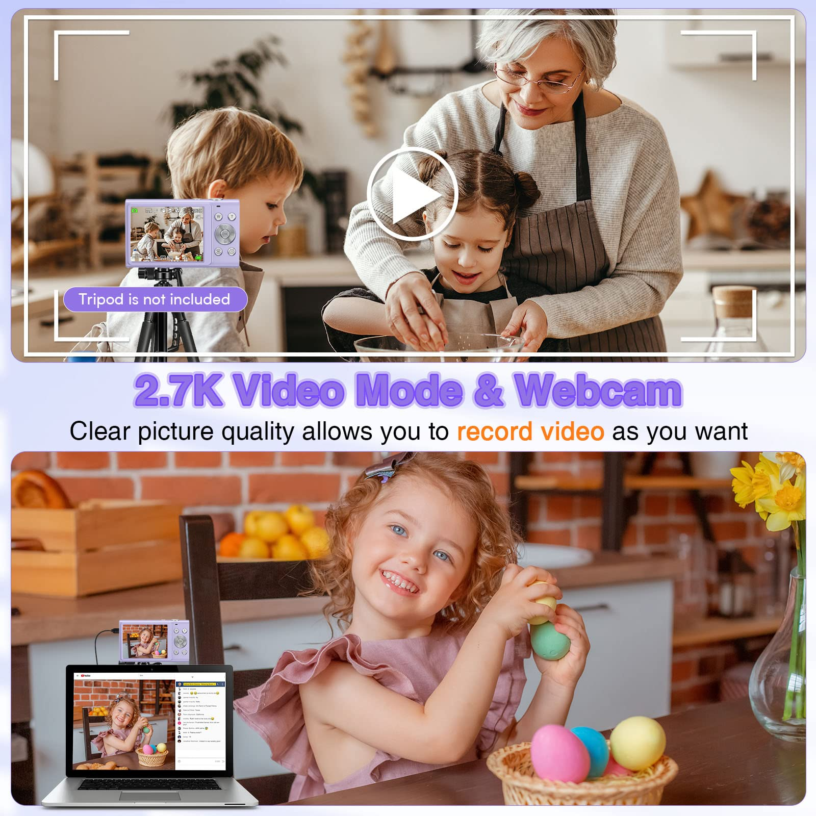 Wideo przedstawiające rodzinę, z laptopem wyświetlającym wideo i tekst: 2.7K Video Mode & Webcam.