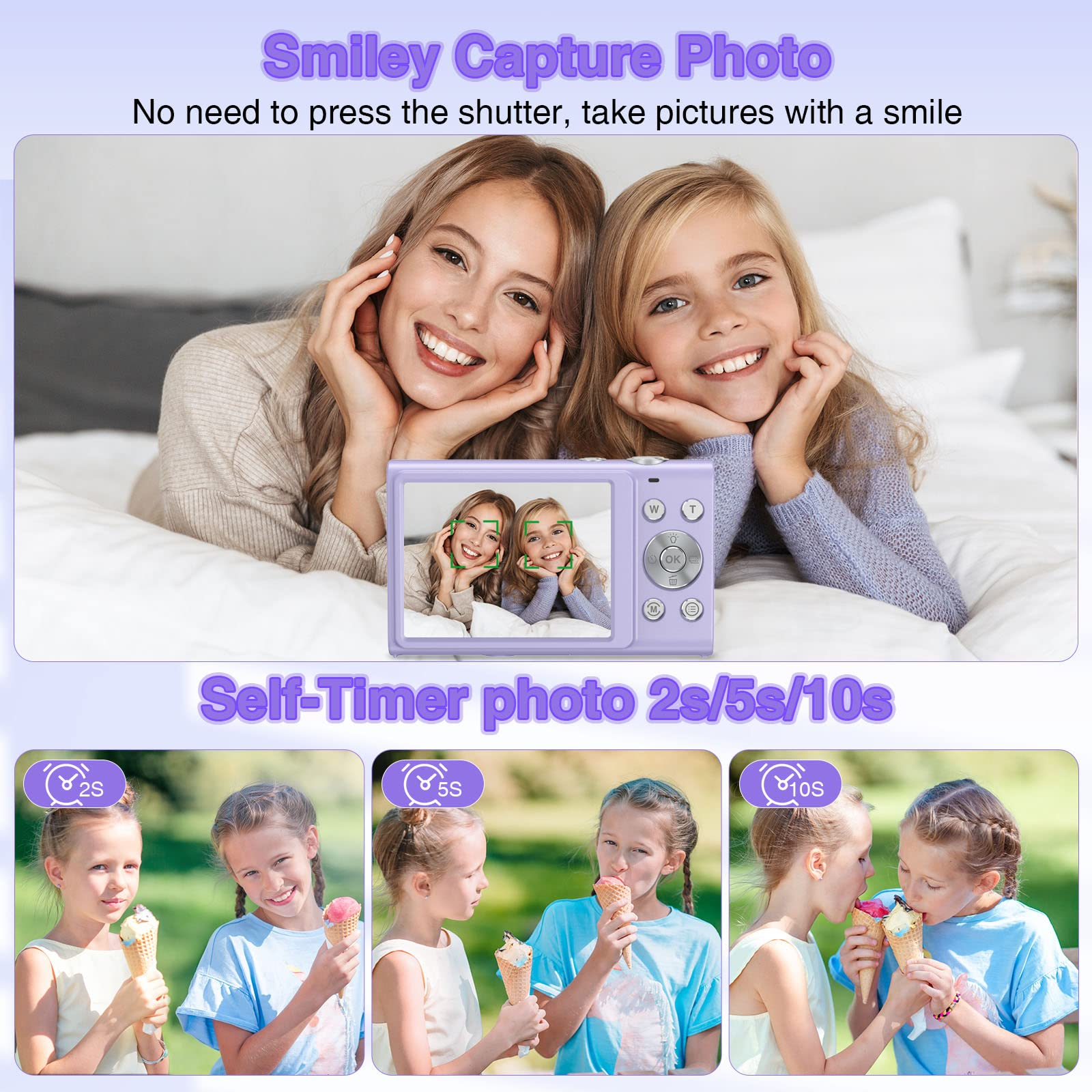 Ustawienia fotobudki, dwie dziewczyny, aparat i rożki lodów z ustawieniami timera.