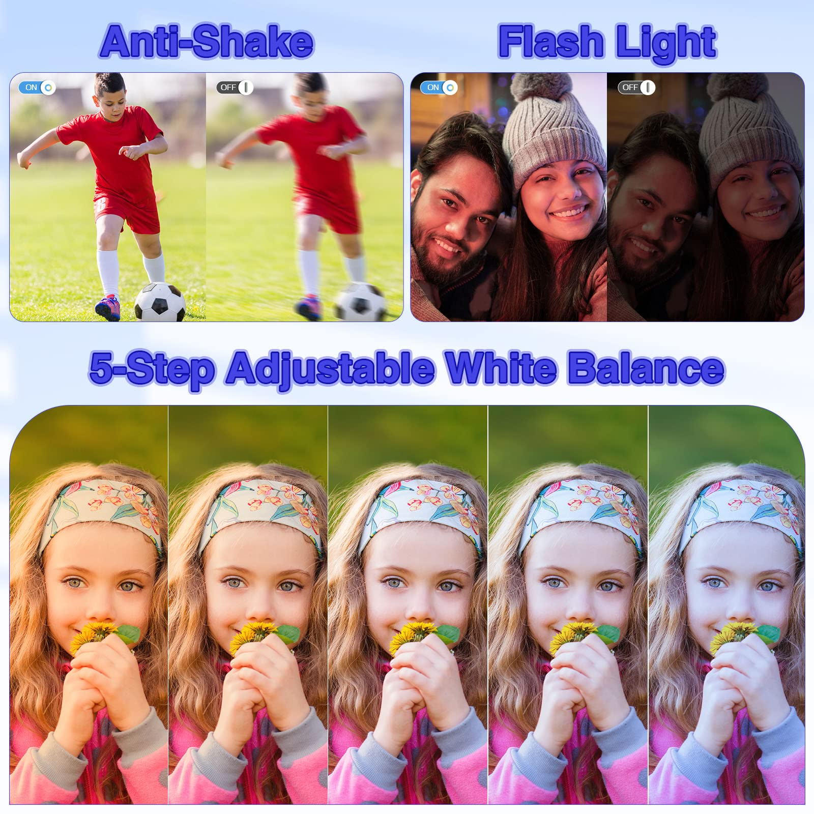 Próbki zdjęć pokazujące funkcje stabilizacji obrazu i lampy błyskowej w aparacie.