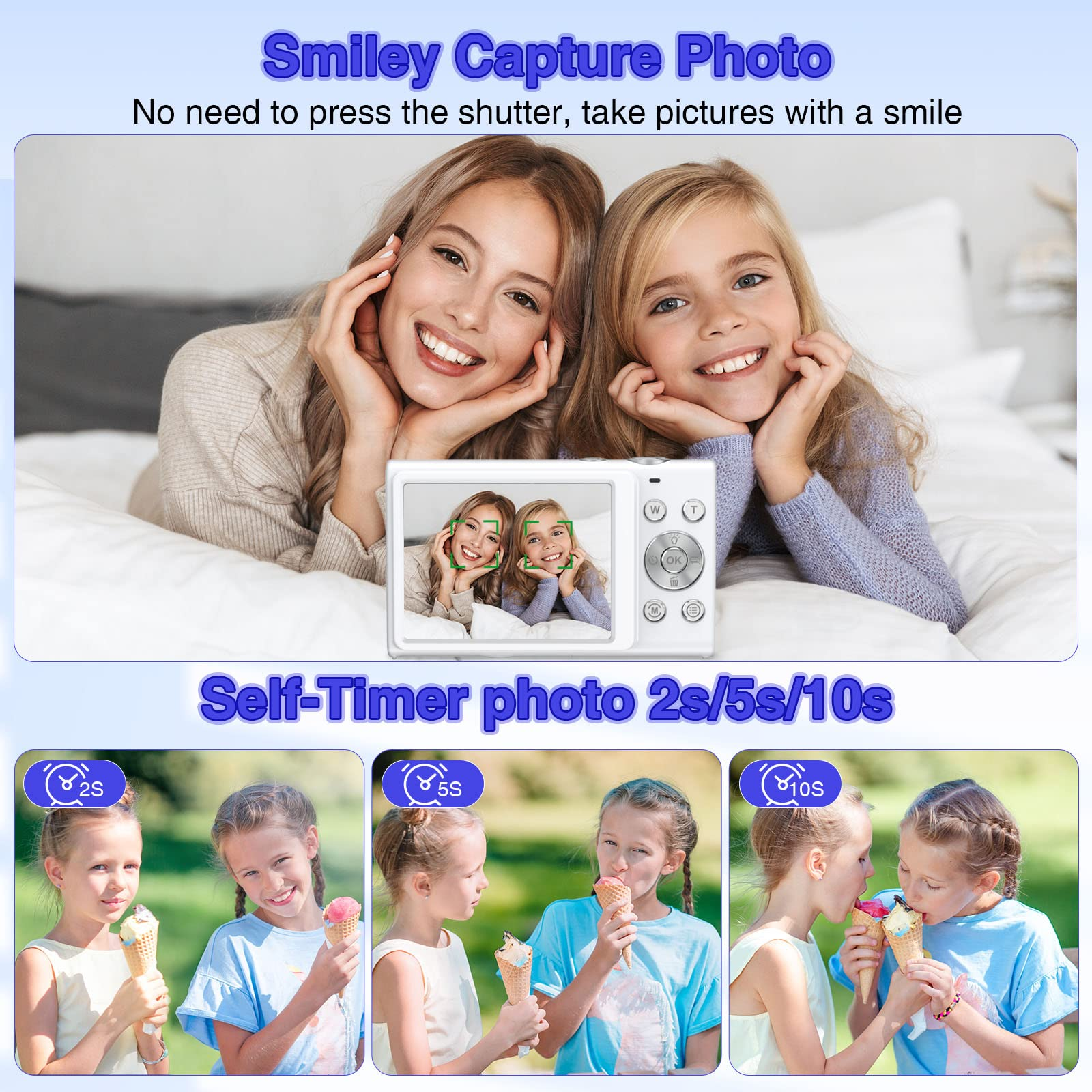 Dwie kobiety uśmiechają się i trzymają aparat. Trzy zdjęcia dzieci z lodami na ekranie.