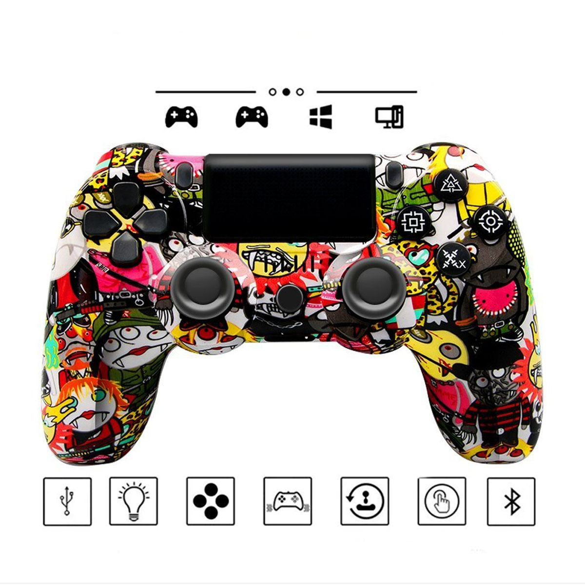 Kolorowy kontroler do gier w stylu graffiti z ikonami, przyciskami i czarną częścią środkową.