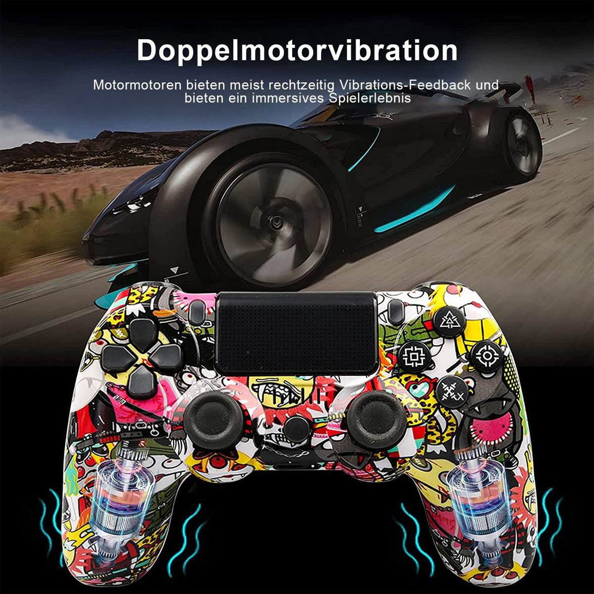 Gaming-Controller mit Aufklebern. Das Bild zeigt ein Auto und ein Rennspiel-Interface.