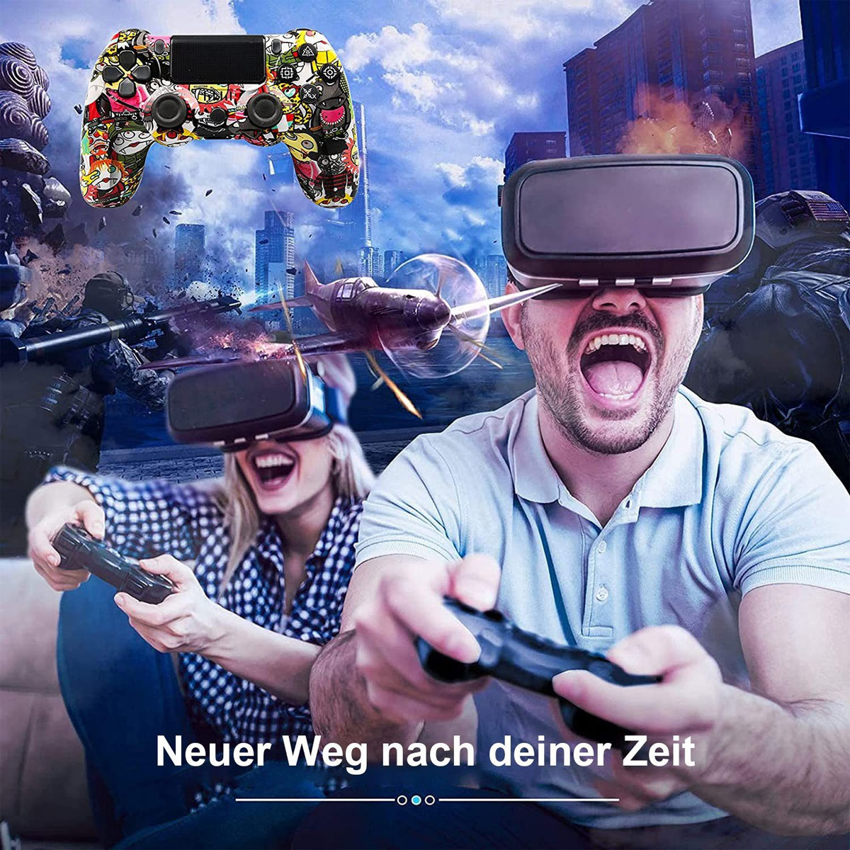 Zwei Personen spielen VR-Spiele. Einer hält Controller, der andere trägt VR-Brille.