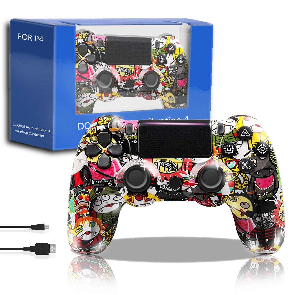 Ein farbenfroher P4-Controller mit Box. Er hat verschiedene Aufkleber, schwarze Knöpfe und ein USB-Kabel.